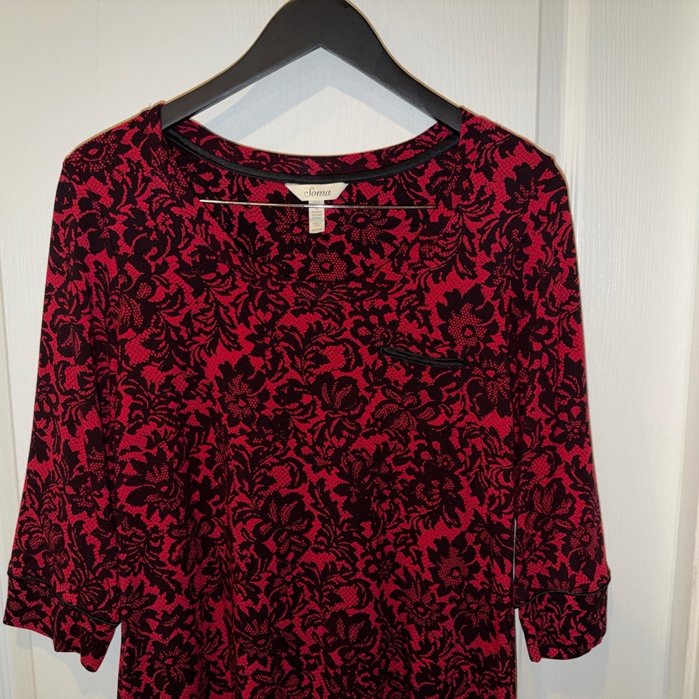 Soma Red and Black Damask Floral 3/4 Length Sleeve Shift Dress - Picture 3 of 14